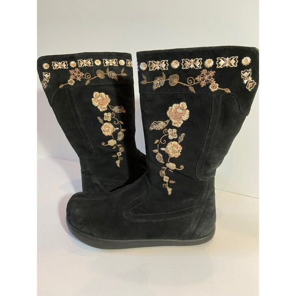 Earth Sz 7 M EU 38 Women's Suede Mid Calf Snow Boots Black Embroidery - Picture 2 of 6